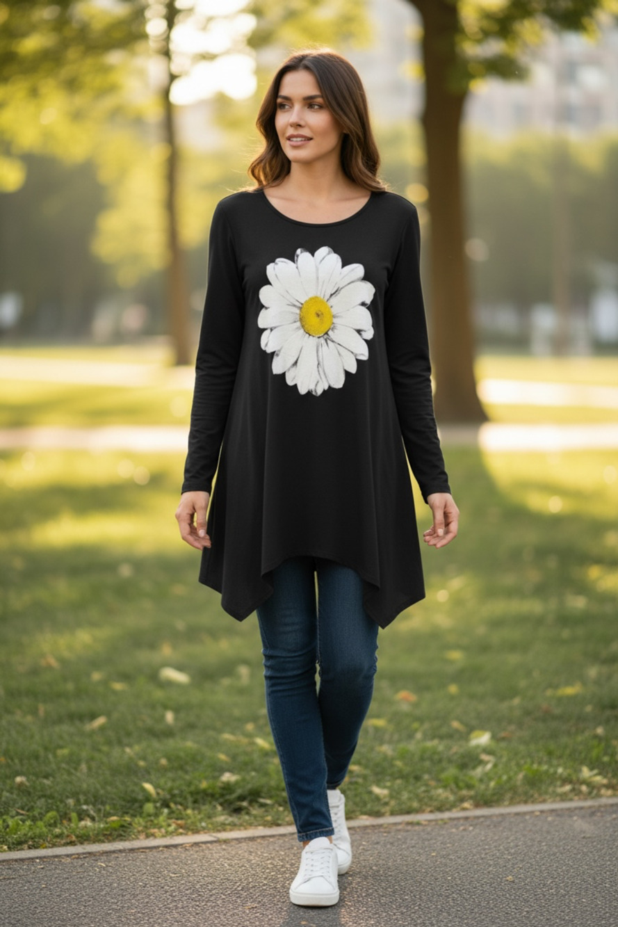 Magic Fit Black Daisy Graphic Print Long Sleeve Tunic Top 1XL